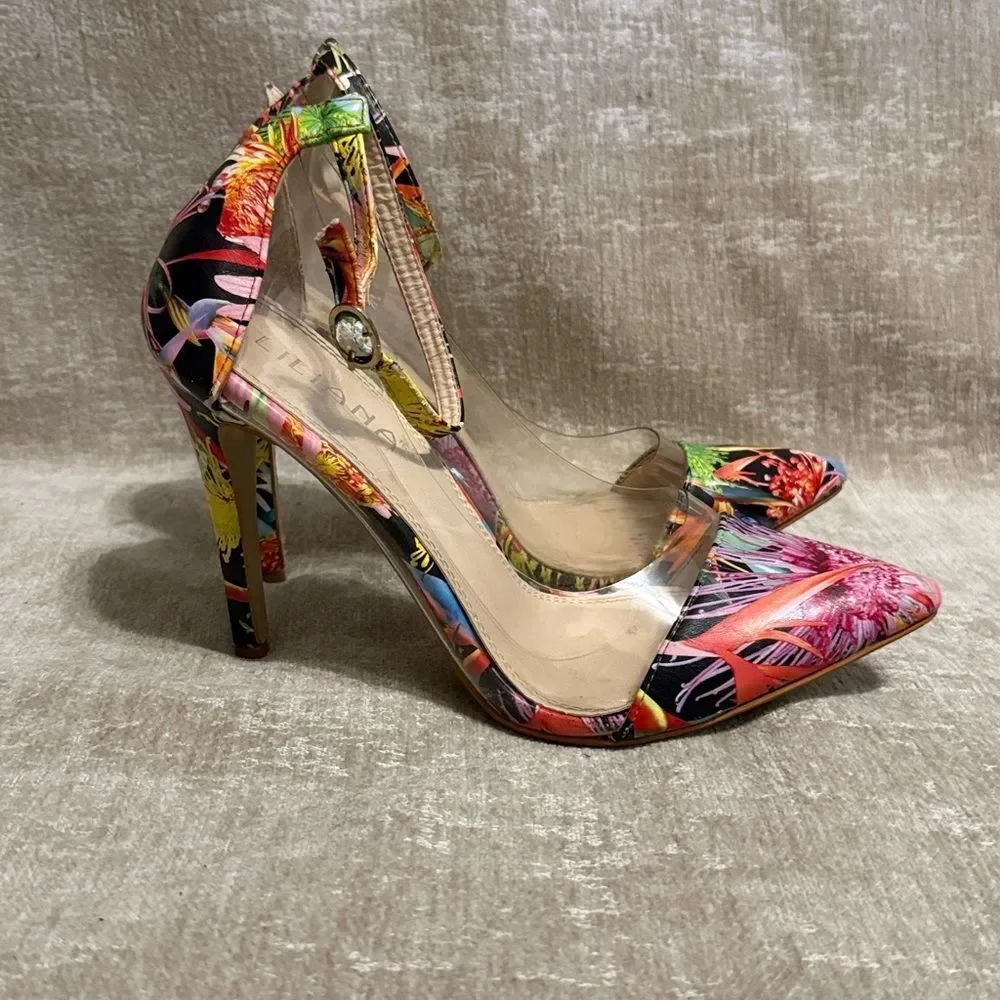 Liliana women's satin floral lucite pointy toe ankle strap stiletto pumps